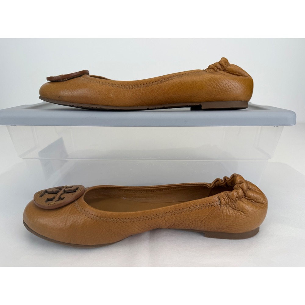 Tory Burch Reva Ballet Flats Women 7M Tan Pebbled Leather Logo Medallion Classic - Picture 3 of 7
